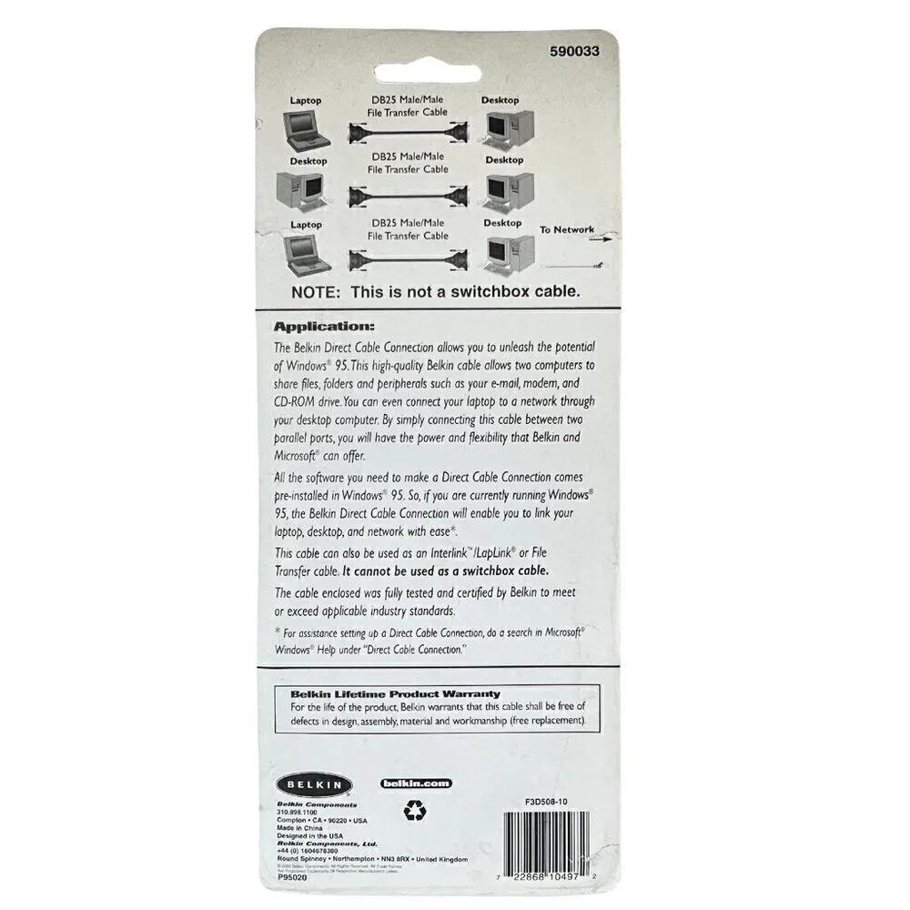 Belkin PC to PC Direct Cable Connection  F3D508-10 DB25 Male to Male Parallel